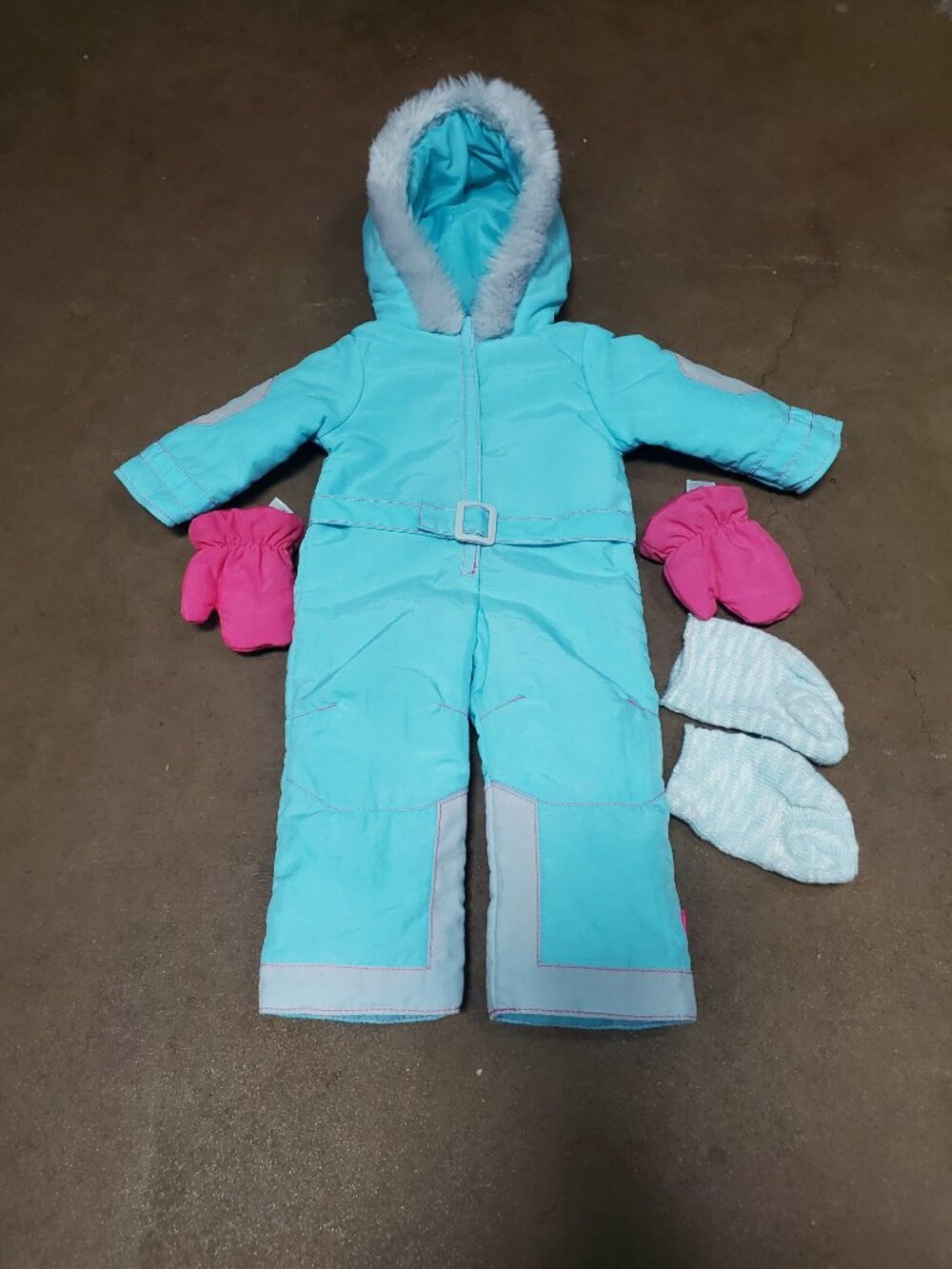 RETIRED American Girl Doll Aqua Ski Snowsuit Outfit Pink Mittens Socks Box VGUC - Picture 2 of 10